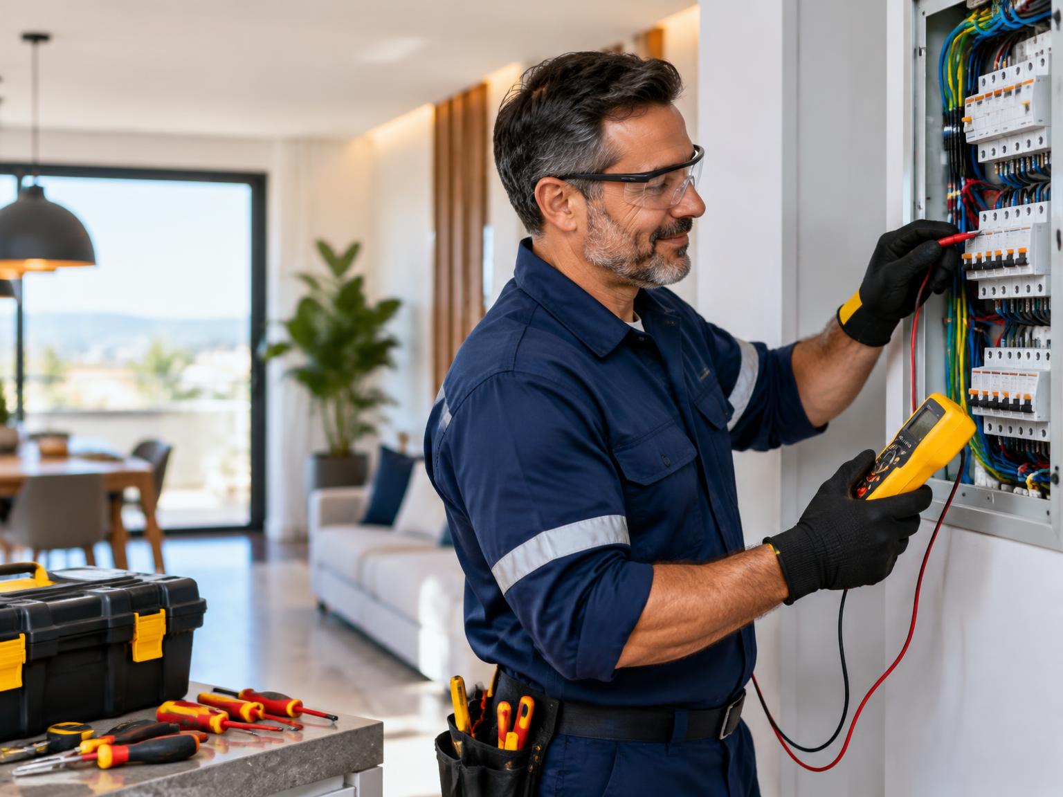 Eletricista trabalhando em um quadro de distribuição residencial